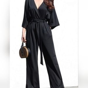 V NECK VENETIAN WIDE LEG JUMPSUIT  WITH TIE Black